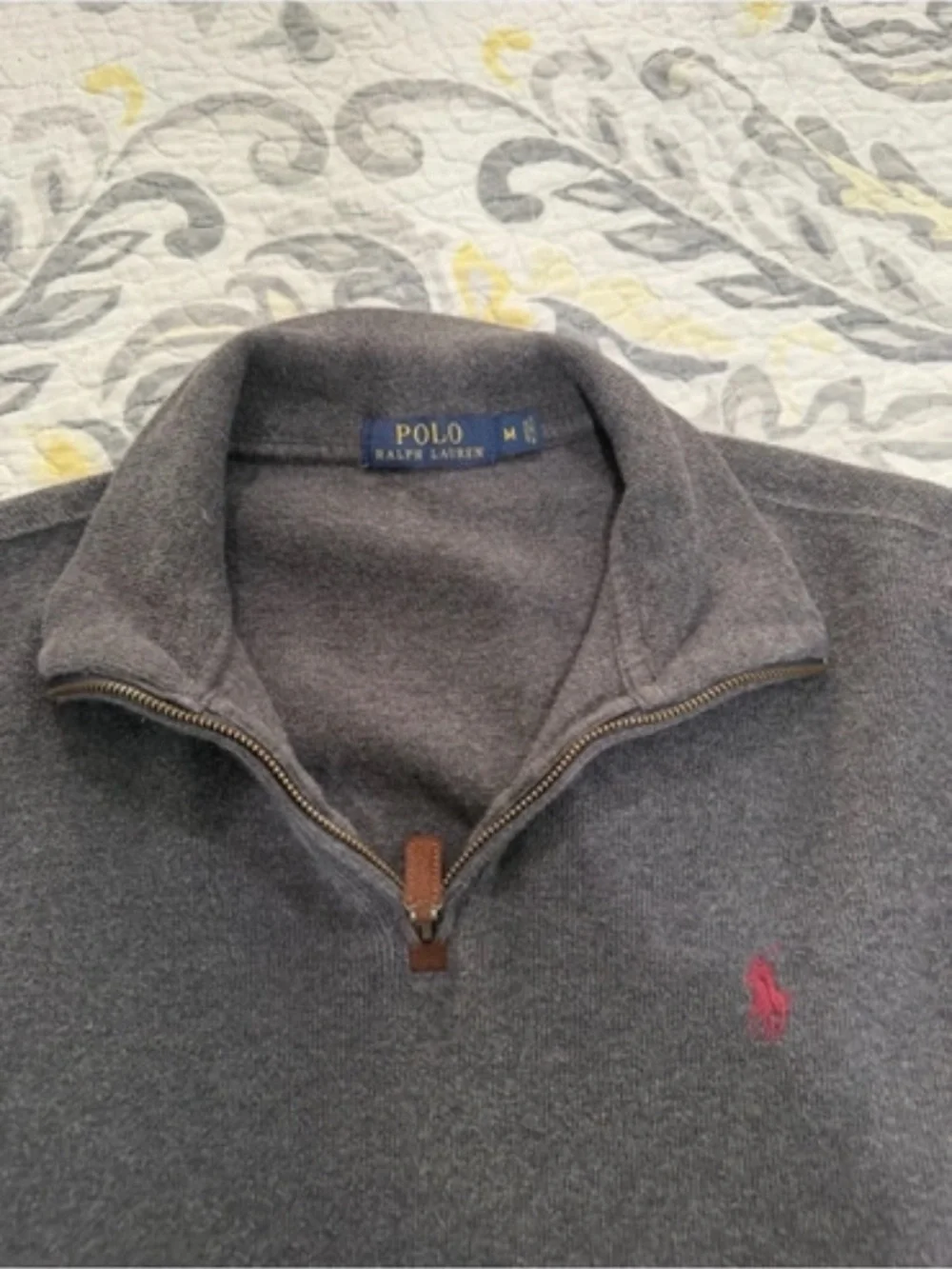 Polo by Ralph Lauren Men’s Dark Gray Quarter-Zip Sweater with Red Pony